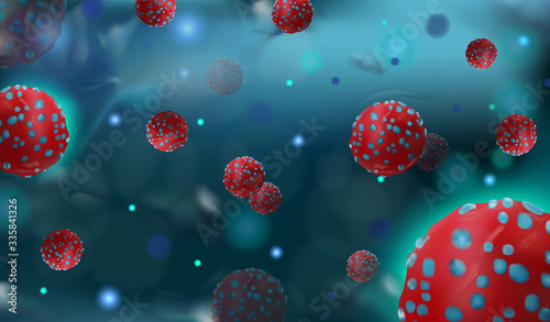 COVID-19 viruses that cause harm to a living organism. Microscopic view viruses floating in a cellular environment. Infectious micro virology. Flu infection. Banner. Vector illustration