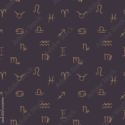 Line art Zodiac symbols in vector. Simple minimalist seamless pattern on dark background