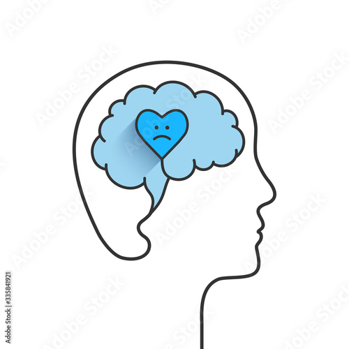 Anxiety concept with head, brain and heart silhouette. Heart shape with sad face due to anxious emotions, distress, inner turmoil and feeling worried. Vector illustration isolated on white background. © lvnl