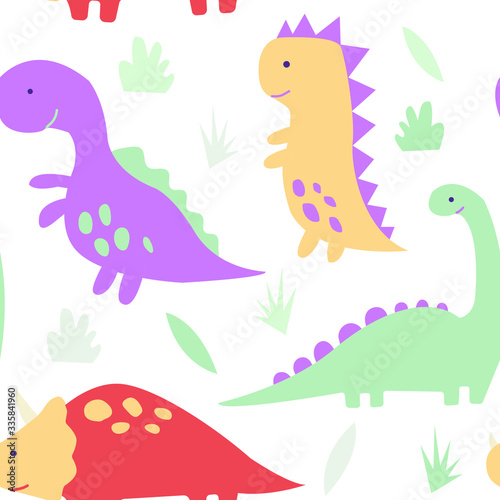 Cute dinosaurs  tropical plants.Funny cartoon dinosaurs seamless pattern.Vector colorful illustration with animals.Hand drawn vector texture 