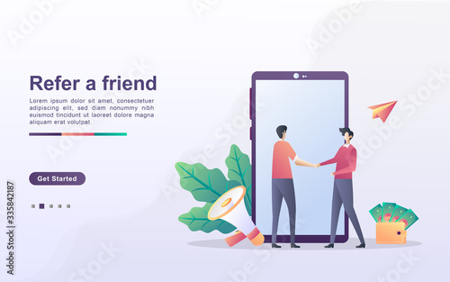 Refer a friend concept. affiliate partnership and earn money. marketing strategy. Referral program and social media marketing. Can use for web landing page, banner, mobile app. Vector Illustration