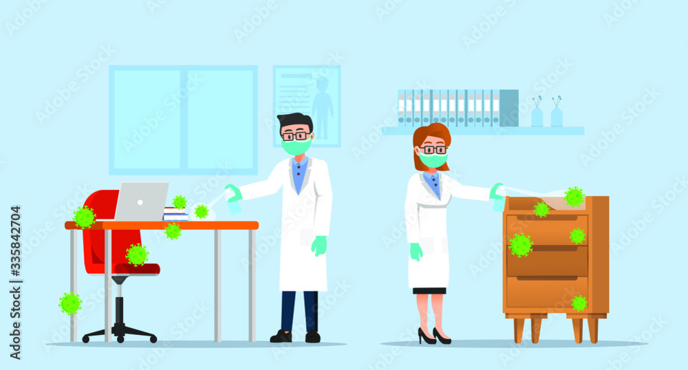 Two doctors spraying the room with disinfectant Two doctors spraying the room with disinfectant