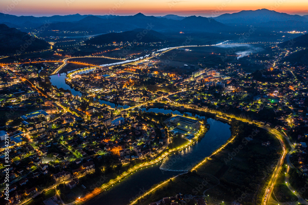 Fototapeta premium Panoramic aerieal view on city of Trebinje, Bosnia and Herzegovina, Europe at dusk time.