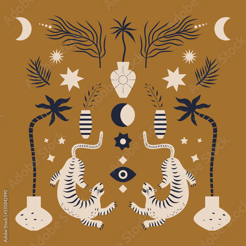 Chinese style tigers ornamental illustration in vector. Moon magic concept.
