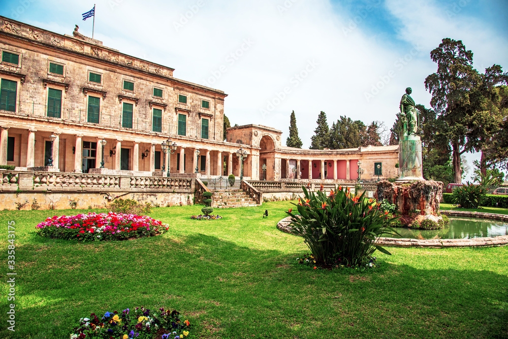 beautiful landscape with Statue of Frederick Adam in front of the Royal palace of St. Michael and St. George (Museum of asian art) in Corfu, Greece. Amazing places. Popular tourist atraction.