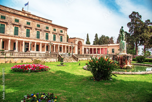 Obraz na płótnie beautiful landscape with Statue of Frederick Adam in front of the Royal palace of St. Michael and St. George (Museum of asian art) in Corfu, Greece. Amazing places. Popular tourist atraction. w salonie