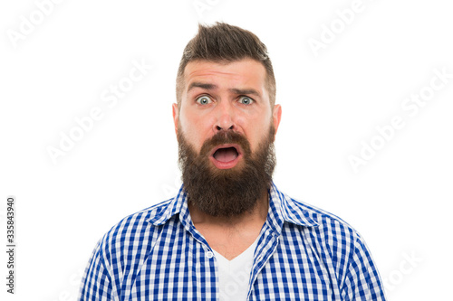 Beyond belief. Wondering concept. Handsome surprised man wonder. Surprised guy bristle and hairstyle. Male beauty. Barber hairdresser. Bearded surprised man. Emotional expression. Astonished face