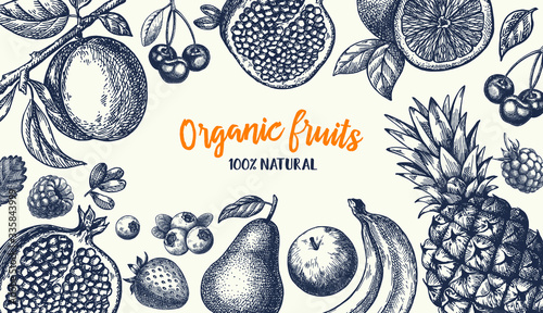 Fruits top view frame. Farmers market menu design. Healthy food poster. Vintage hand drawn sketch, vector illustration. Linear graphic.