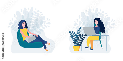 Set of two happy woman working online on laptop, sitting on chair and on beanbag. Concept of freelancer work. Stay in home or work in home during quarantine. Online shoopping. Flat vector illustration
