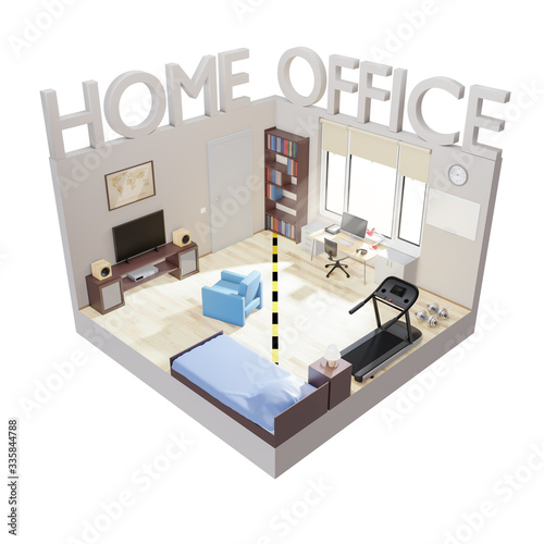 Home office concept Izometric illustration. Living room divided into bedroom and office. Freelancer Workplace Interior. 3D render Illustration