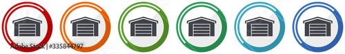 Garage building icon set, flat design vector illustration in 6 colors options for webdesign and mobile applications