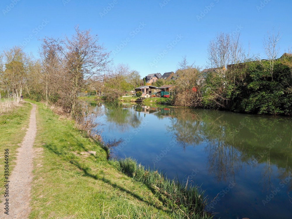 Beautiful cityscape of Grevenbroich Wevelinghoven in Germany with Erft river