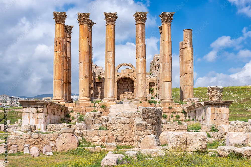 The temple of Artemis ruins in Jerash, Jordan. The temple was built on one of the highest points of the city and is one of the most remarkable monuments left of the ancient city of Gerasa