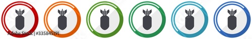 Bomb icon set, war, military, weapon flat design vector illustration in 6 colors options for webdesign and mobile applications