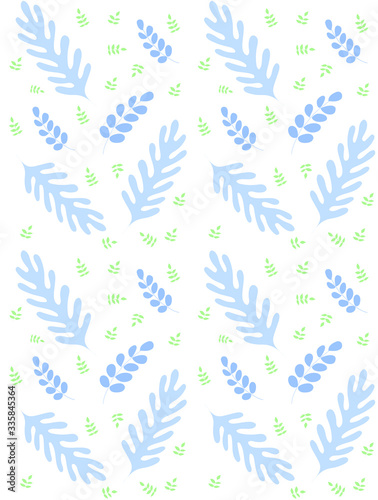 Vector seamless pattern with blue and green leaves on white background