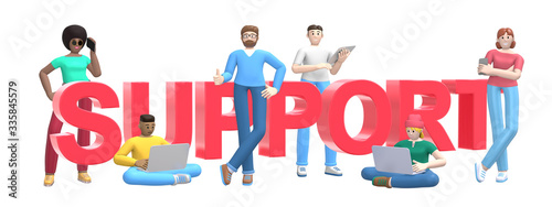 Group of young multiethnic successful people with laptop  tablet  phone and word support on white background. Horizontal banner cartoon character and text website slogan. 3D rendering.