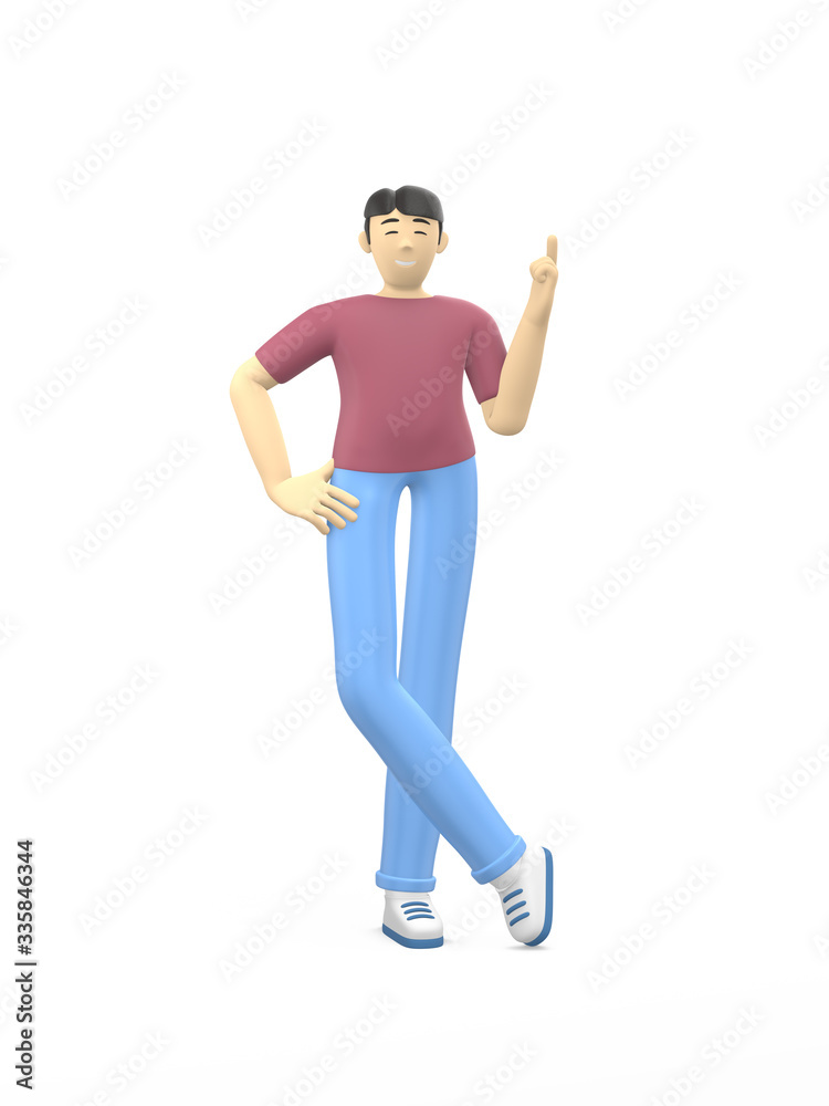 3D rendering character of an asian guy pointing finger up. Concept idea, direction, attention. Positive illustration is isolated on a white background.