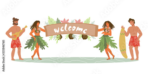 Summer welcoming banner or poster template with hawaiian dancers. Tropical beach party invitation or placard background with leaves and people characters. Flat vector illustration isolated.