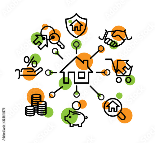 Buy property, buying a house icon set in outline design, clip art, sign, symbol, colours.