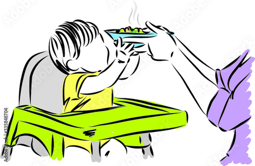 baby refusing meal from mother vector illustration