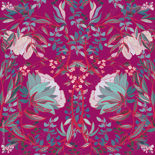 Seamless floral vector pattern with twigs and soft purple flowers of plants on a dark blue, indigo background. Symmetric ornament in the style of medieval tapestries and works of William Morris.