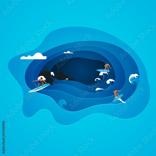 Canvas Print Paper effect landscape,Vector illustration of sea waves and surfing sports