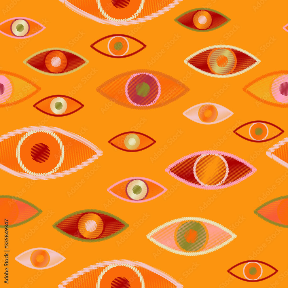 Fototapeta premium Seamless vector pattern with magical, witchcraft multi-colored eyes on a violet, blue background. Imitation of embroidery with threads on fabric.