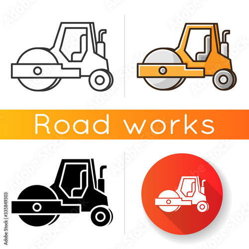 Road roller icon. Compactor type vehicle for construction works. Roadworks transportation. Heavy machinery for paving. Linear black and RGB color styles. Isolated vector illustrations