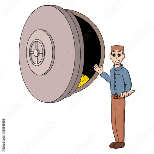 cartoon safe and a bank employee near him invites a client to put money on a deposit. isolated vector illustration