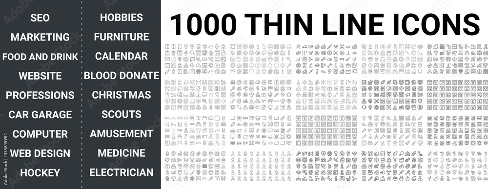 Big set of 1000 thin line icon. Seo, marketing, food and drinks, website, professions, car garage, computer, technology, hockey, web design, hobbies, furniture, calendar, christmas ui pack