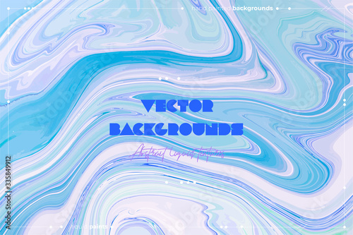 Vector fluid art texture. Backdrop with abstract iridescent paint effect. Liquid acrylic artwork with flows and splashes. Mixed paints for website background. Blue, white and mint overflowing colors