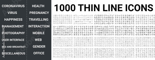 Big set of 1000 thin line icon. Coronavirus, virus, health, happiness, pregnancy, travelling, office, mobile, web, miscellaneous, food, management, photography, user interaction, gender icons, ui pack photo