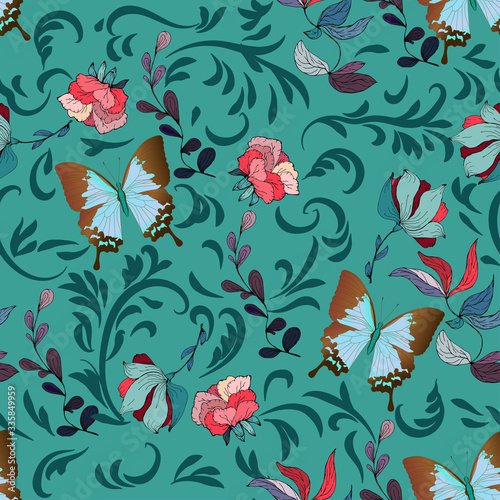 Seamless vector floral pattern of butterflies and inflorescences of flowers in elegant curls on a turquoise, light blue background.