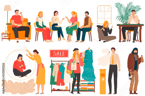 People with addiction and bad habits, set of cartoon characters isolated on white, vector illustration. Men and women addicted to alcohol, smoking, drugs, shopping problem and eating disorder