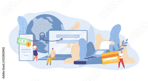 Bank operations, financial transactions and payments vector illustration. Online banking, money transfers and bank account service concept. Modern flat style design, cartoon characters money operation