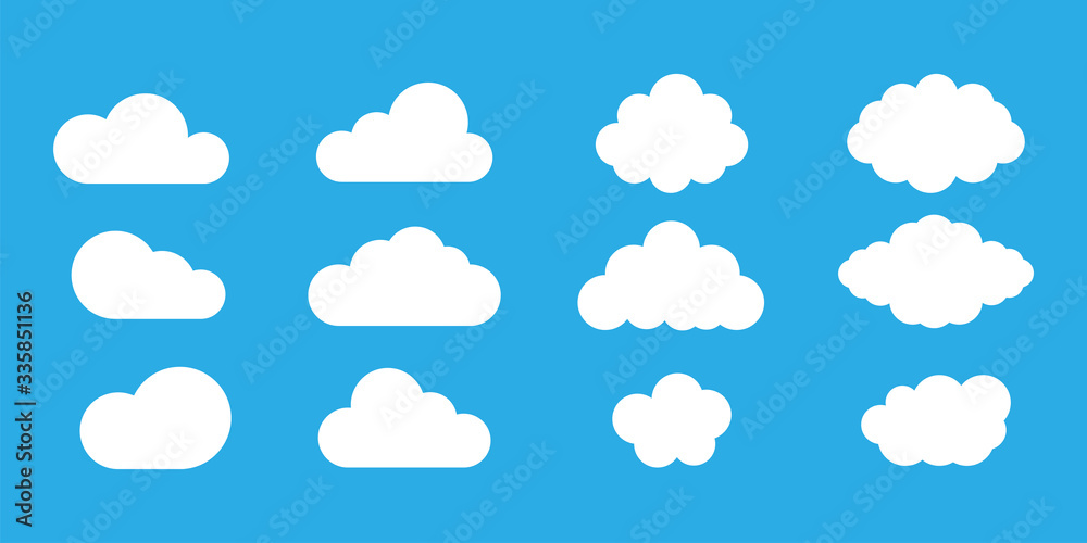 Clouds or sky vector collection on blue background. Cloud icons. Set of vector clouds. Clouds shapes.