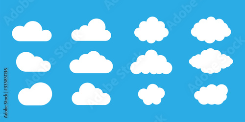 Clouds or sky vector collection on blue background. Cloud icons. Set of vector clouds. Clouds shapes.