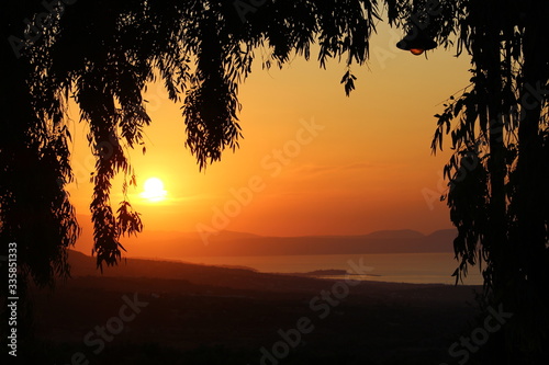 coucher de soleil avec un ciel jaune orange sous un arbre et avec la mer au loin en crête