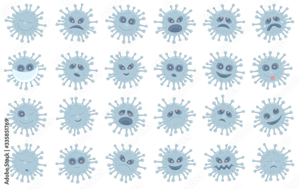 Set of funny virus emoticons with smiling, angry and many other faces of characters with different emotions, vector cartoon illustrations on a white background Set of funny virus emoticons with smiling, angry and many other faces of characters with different emotions, vector cartoon illustrations on a white background