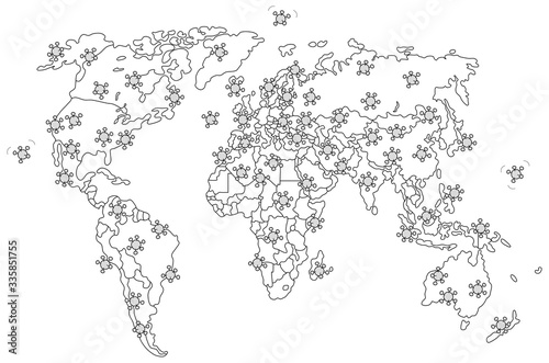 Global virus pandemic disease all over the planet  spreading on a world political map  black and white vector cartoon illustration on a white background