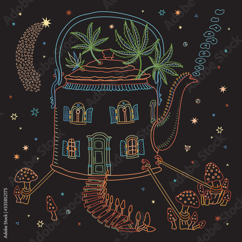 Futuristic house in tea pot in psychedelic colors with fly agaric mushrooms and cannabis hemp leaves on a black background. Hippie print, batik, humorous wallpaper, fashionable  bandana Textile print
