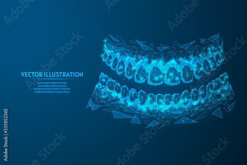 Human teeth close-up. Invisible lingual braces. Correction of snack. Orthodontics, stomotology, innovative medical technology. 3d low poly wireframe vector illustration.