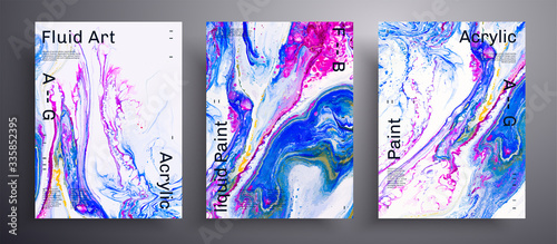 Abstract vector poster, texture set of fluid art covers. Artistic background that can be used for design cover, poster, brochure and etc. Blue, purple, golden and white creative iridescent artwork