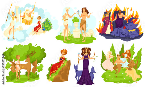 Greek mythology gods and goddesses, set of cartoon characters, vector illustration. Myths and legends of ancient Greece, Zeus, Hades, Hecate and Aphrodite. People in costumes of fantasy religion deity