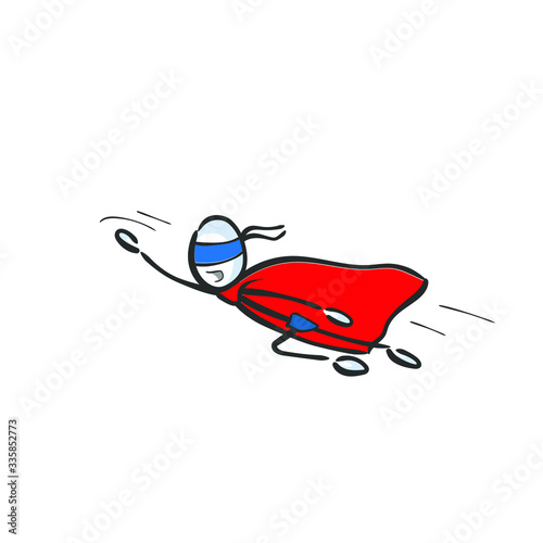 Super hero flying to rescue. Red cape. Hand drawn. Stickman cartoon. Doodle sketch, Vector graphic illustration