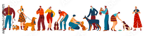 Dog owners, people and their pets cartoon characters, different breeds of domestic animals, vector illustration. Happy men and women isolated, cute dog and different puppies. Pet care collection set