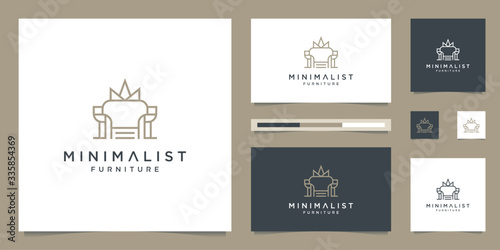 Premium furniture logo design. Luxurious interior design line sofa chairs and crown.