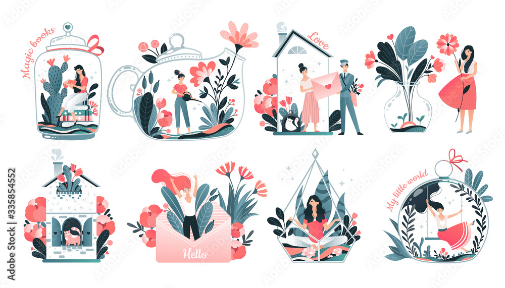 Girls inner world concept, introvert personality comfort, cozy home and imagination set, vector illustration. Tiny woman cartoon character in glass jar teapot surrounded by flowers. Inner world symbol