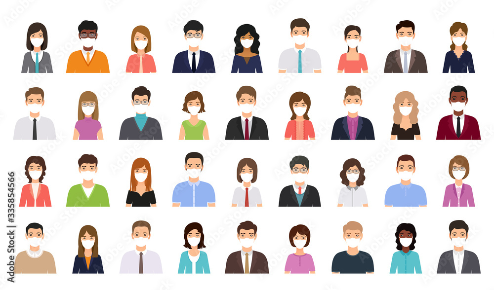 Stockvector Avatar people in medical masks. Business person icon. Vector.  Set office men, women. Faces corporate characters in flat design. Cartoon  illustration. Team male, female workers isolated. | Adobe Stock