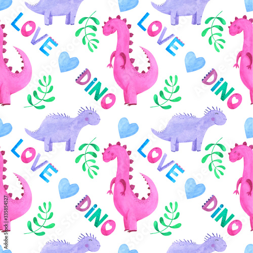 Seamless Dino pattern watercolor  dinosaur background  Dino print  cute colorful dinosaur illustration for kids